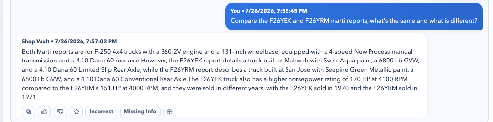 Shop Vault comparing two Marti reports side by side — paint, GVW, axles, horsepower and sale years