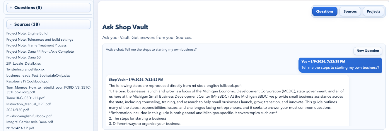 Shop Vault's sidebar showing 38 uploaded sources and projects beside a cited step-by-step answer