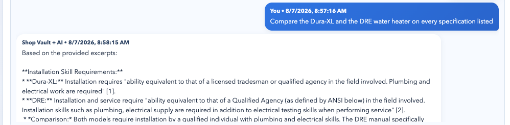 Shop Vault comparing the Dura-XL and DRE water heaters specification by specification, with numbered citations