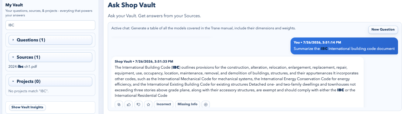 Shop Vault's vault search finding the IBC question and its source document together