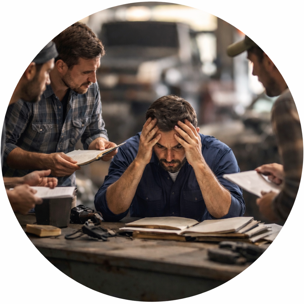 Busy shop team overwhelmed by questions and paperwork